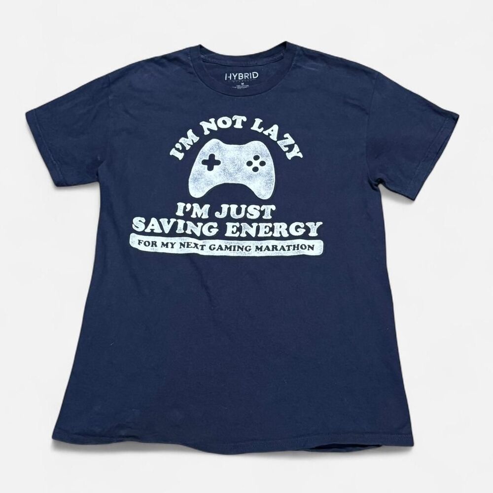 Hybrid navy blue funny gaming Medium size (width 19in, length 25in) T shirt